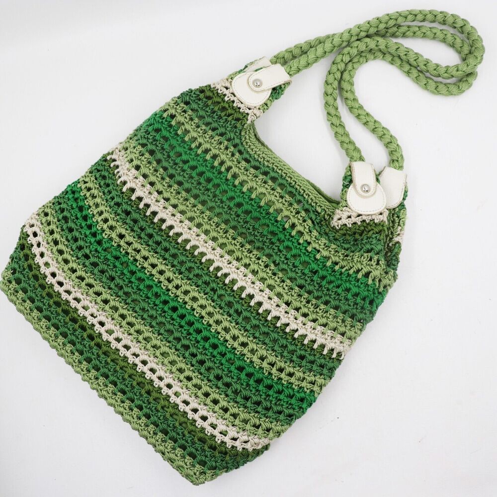 Vtg Chateau Handbag Women Large Green White Striped Crochet Purse Shoulder Bag